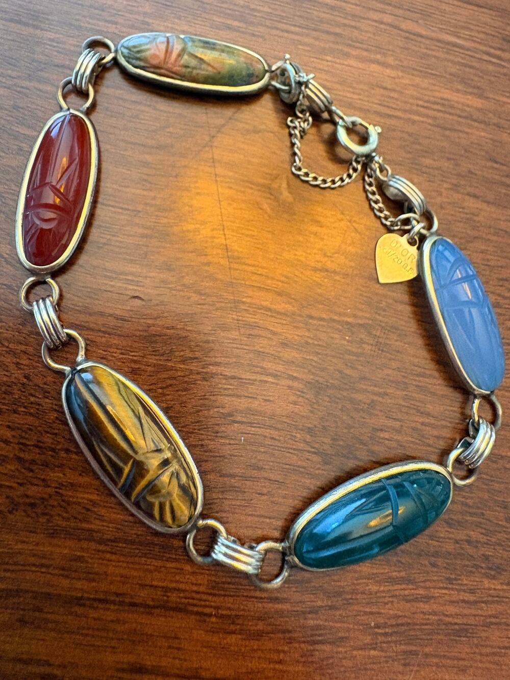 Vintage D’OR 1/20 12K Gold Filled Carved Gemstone Scarab Bracelet